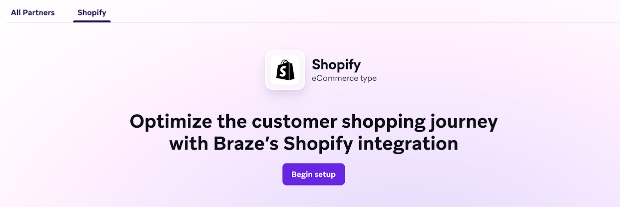 Shopify integration page with button to begin setup.