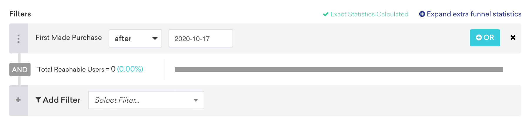 Segmentation filter for users that first made a purchase after October 17, 2020.