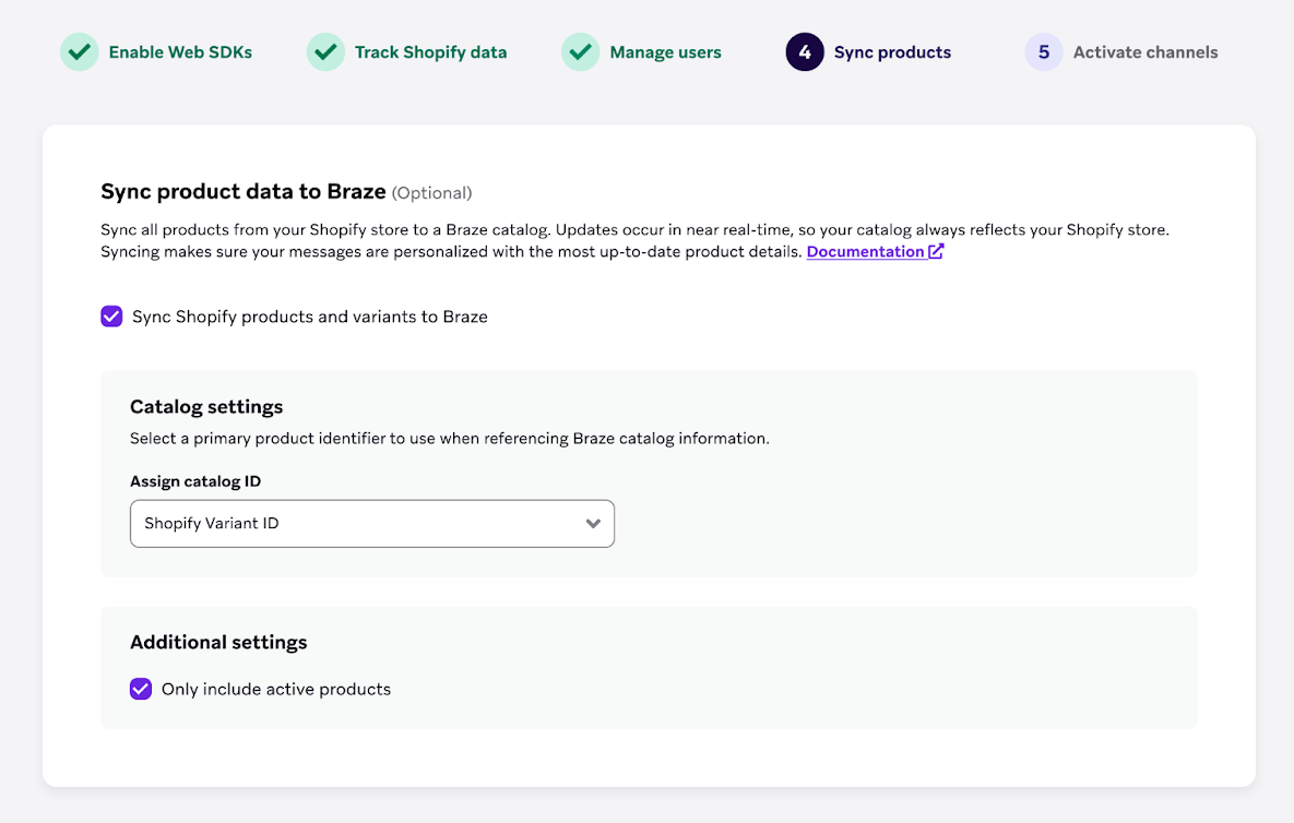 Step 4 of the set up process with "Shopify Variant ID" as the "Catalog product identifier".