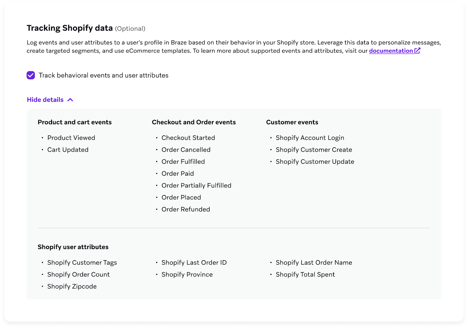 “Tracking Shopify data” section with a checkbox to track behavioral events and user attributes.