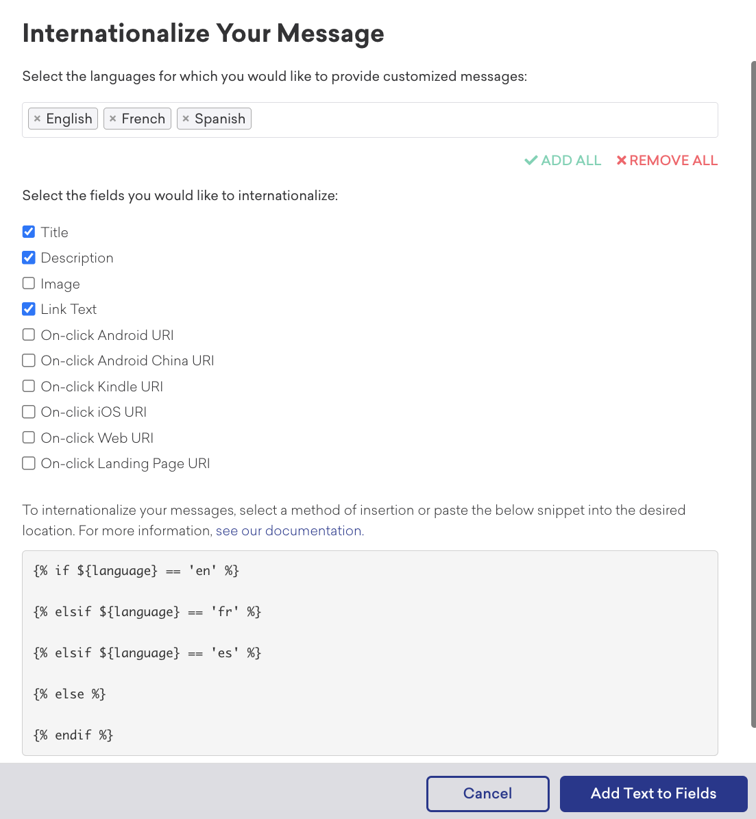 A window with English, Spanish, and French selected for the languages, and title, description, and link text selected for fields to internationalize.
