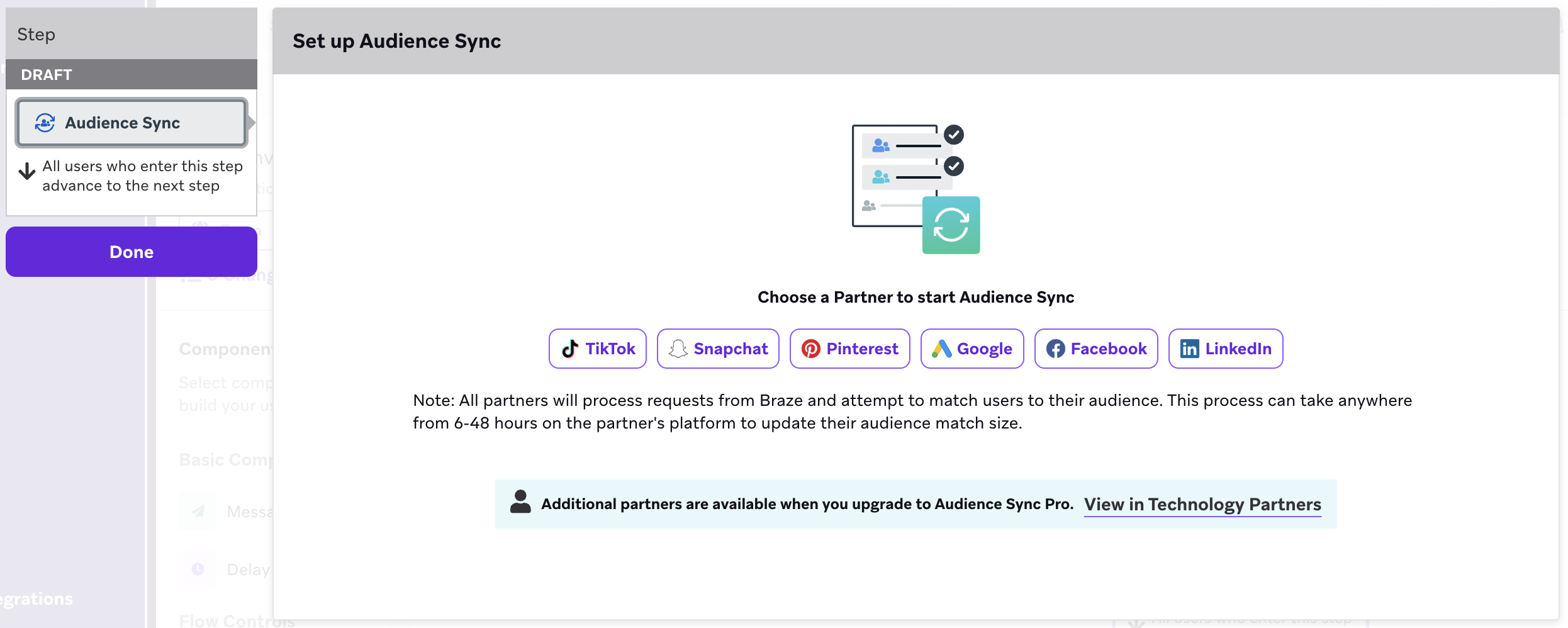 Option to select your audience sync partner in the Audience Sync step.