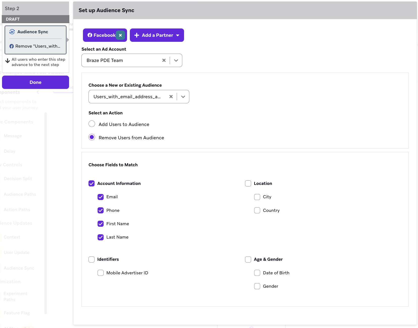 Audience sync setup to remove the email, phone, first name, and last name information.