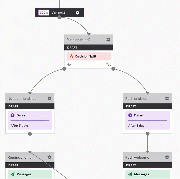 An example of a Canvas with a Decision Split step into two different user journeys depending if a user is push enabled.