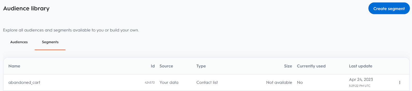 The audience library showing the segment, id, source, type, size, currently used, and last update.
