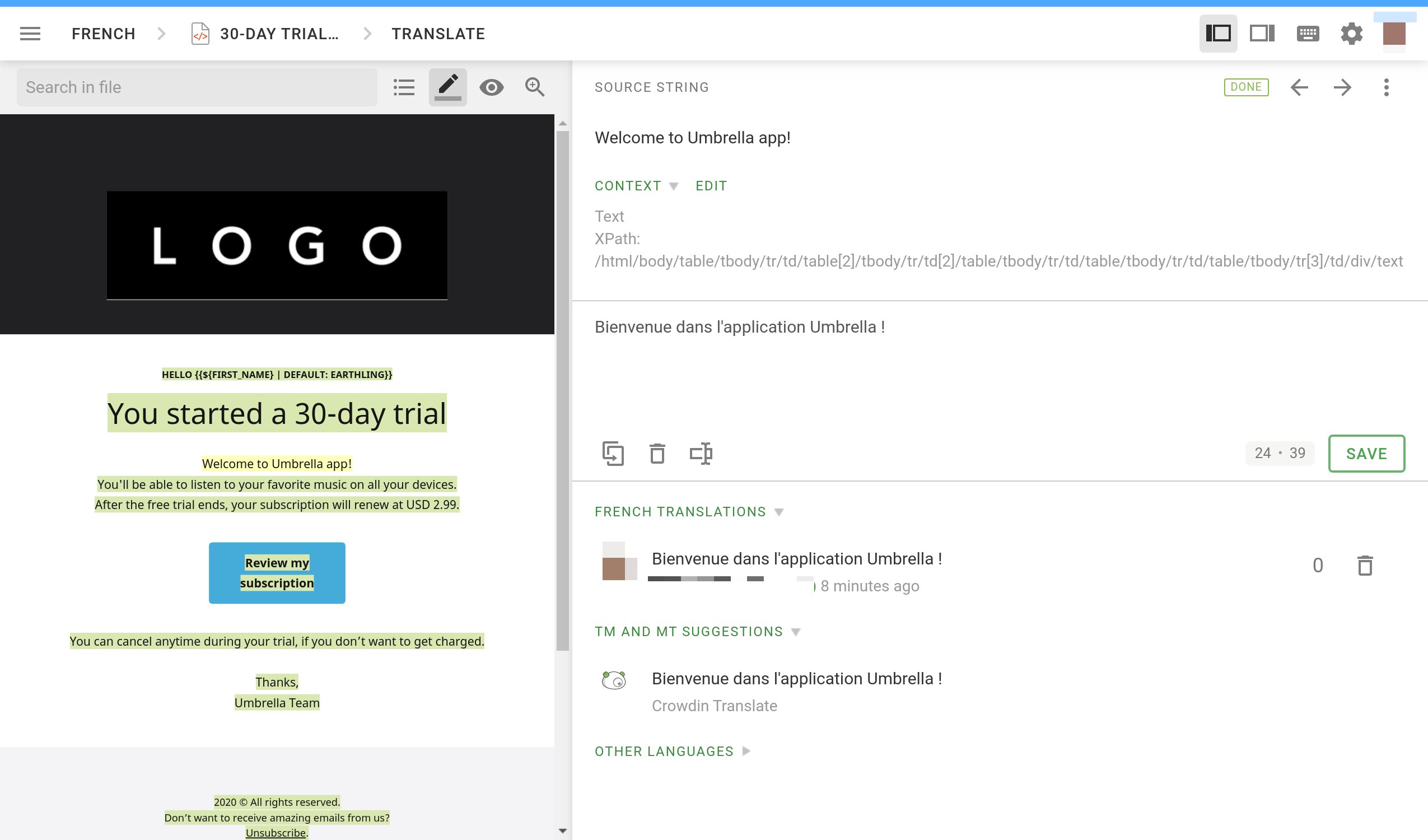 An image of what the Crowdin Editor email composer looks like with some basic translations added.