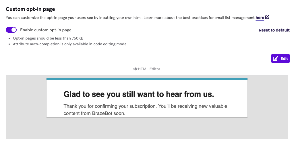 Custom opt-in email with a message "Glad to see you still want to hear from us".