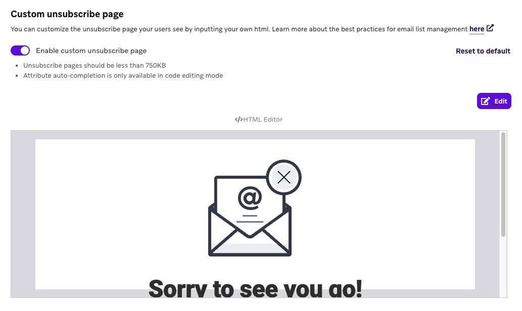 Custom unsubscribe page with a preview "Sorry to see you go!".