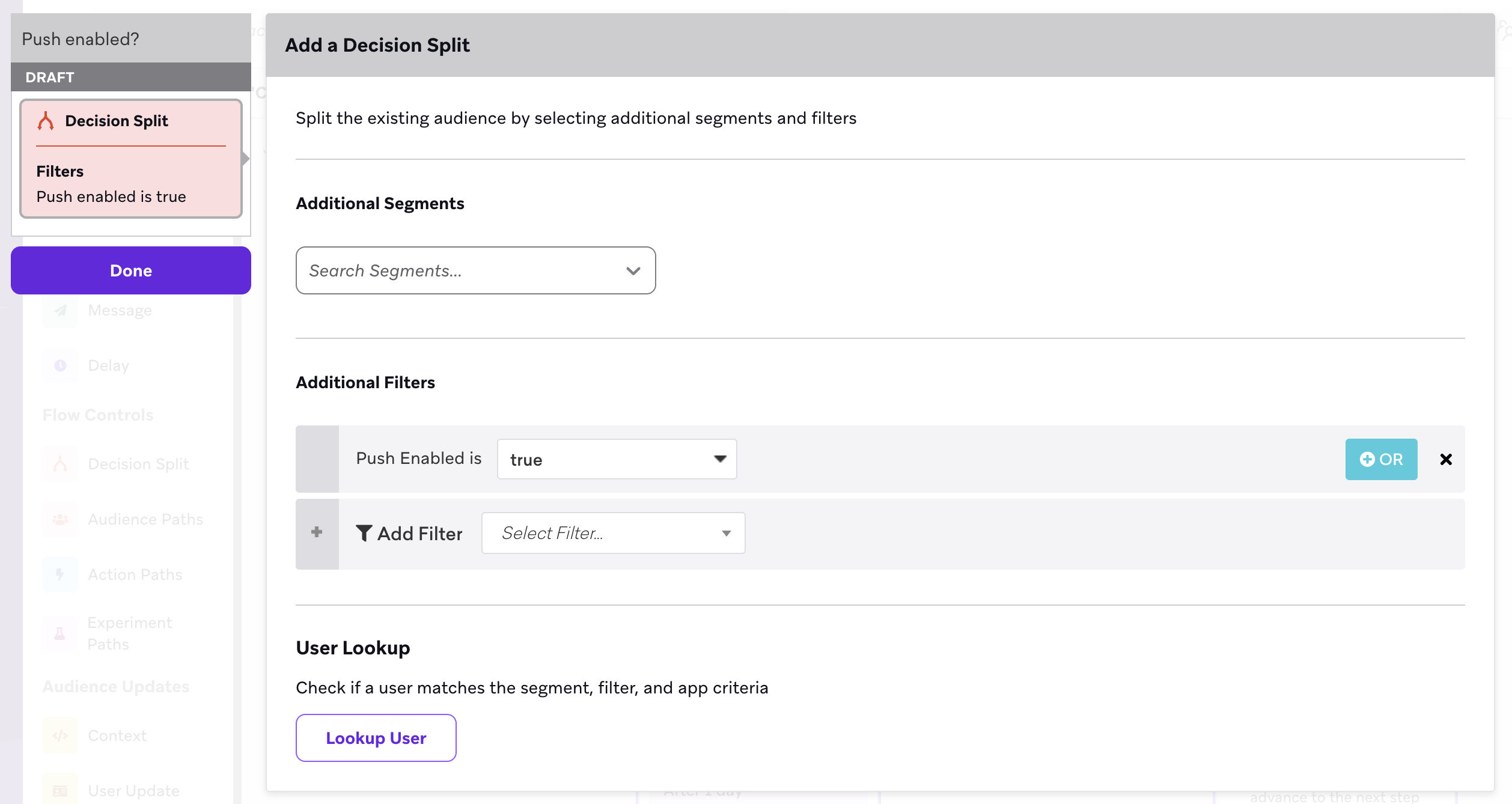 A Decision Split step with the filter "Foreground Push Enabled is true" selected.