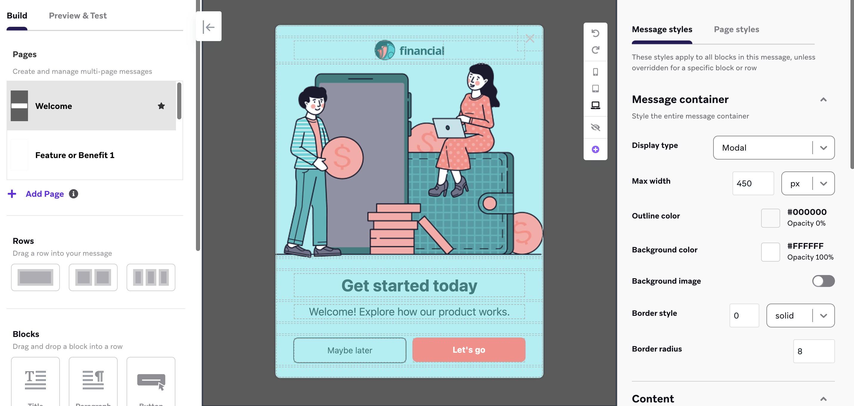 The in-app message editor with the onboarding flow template.