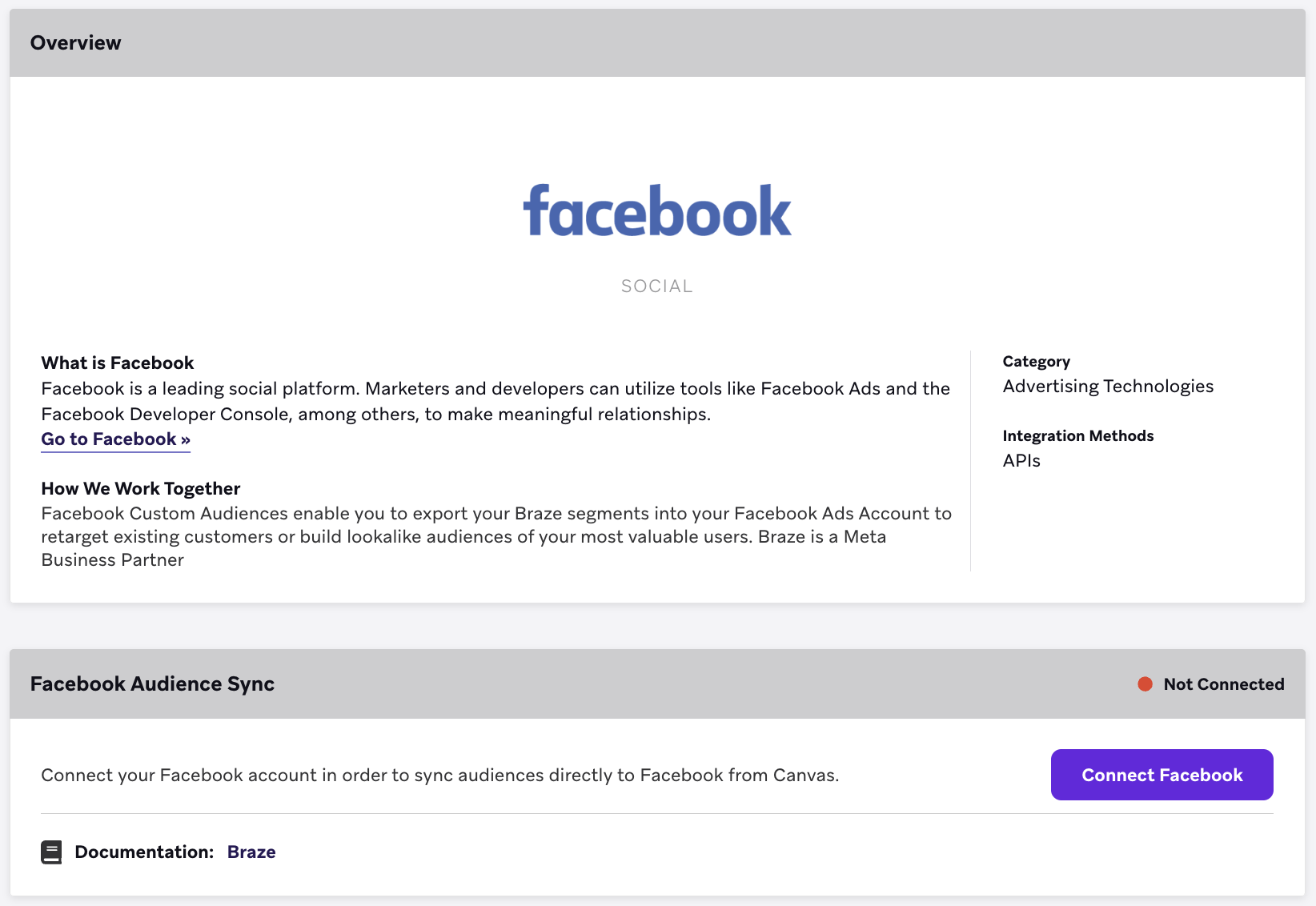 Facebook technology partners page in the Braze platform.