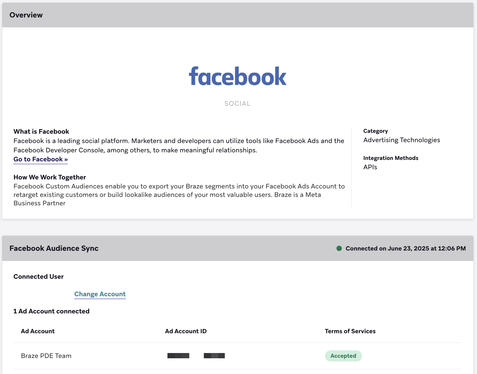 An updated version of the Facebook technology partners page showing the ad accounts successfully connected.