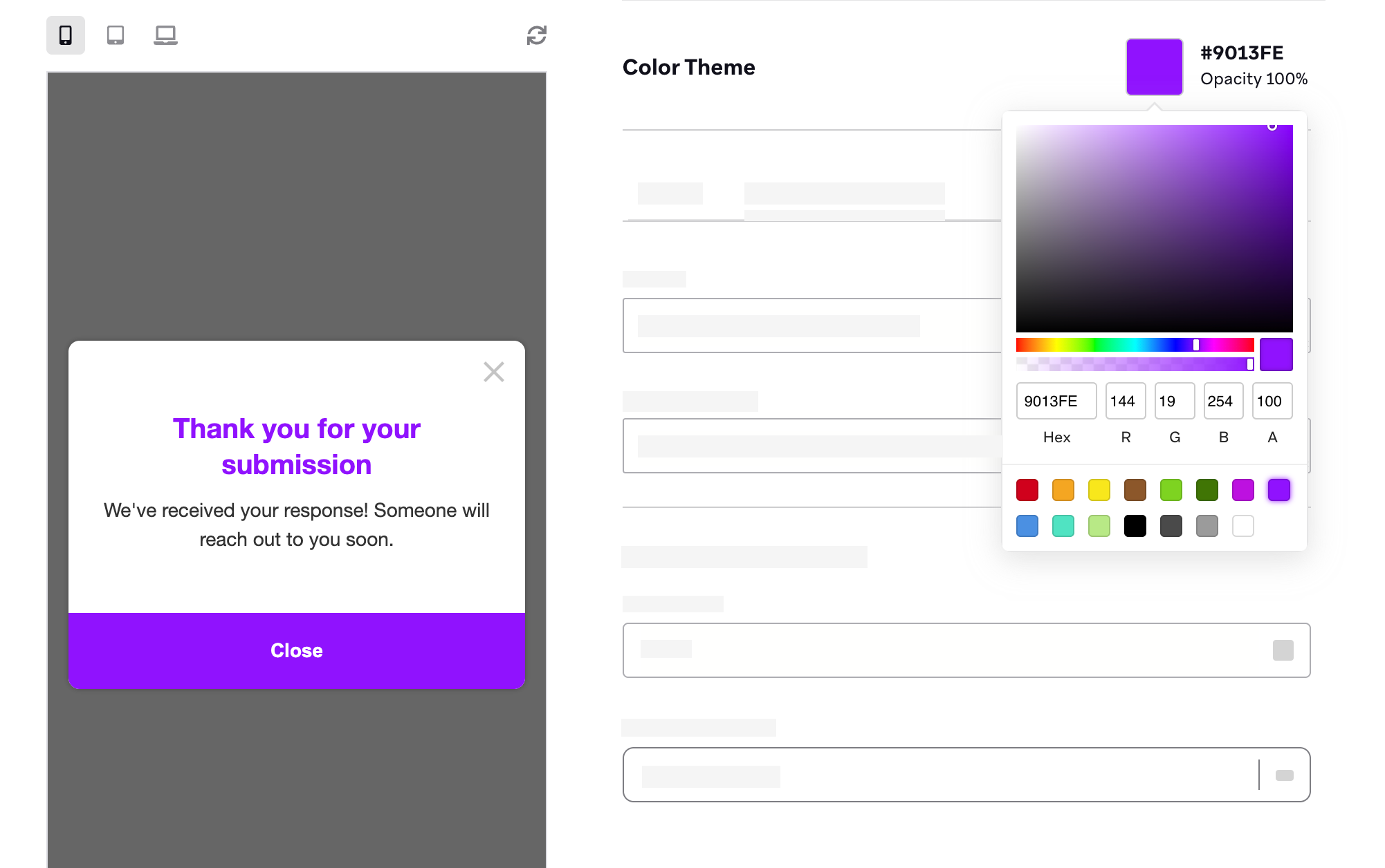 Compose tab of the simple survey editor with the Color Theme picker expanded after a user has clicked on the color palette.