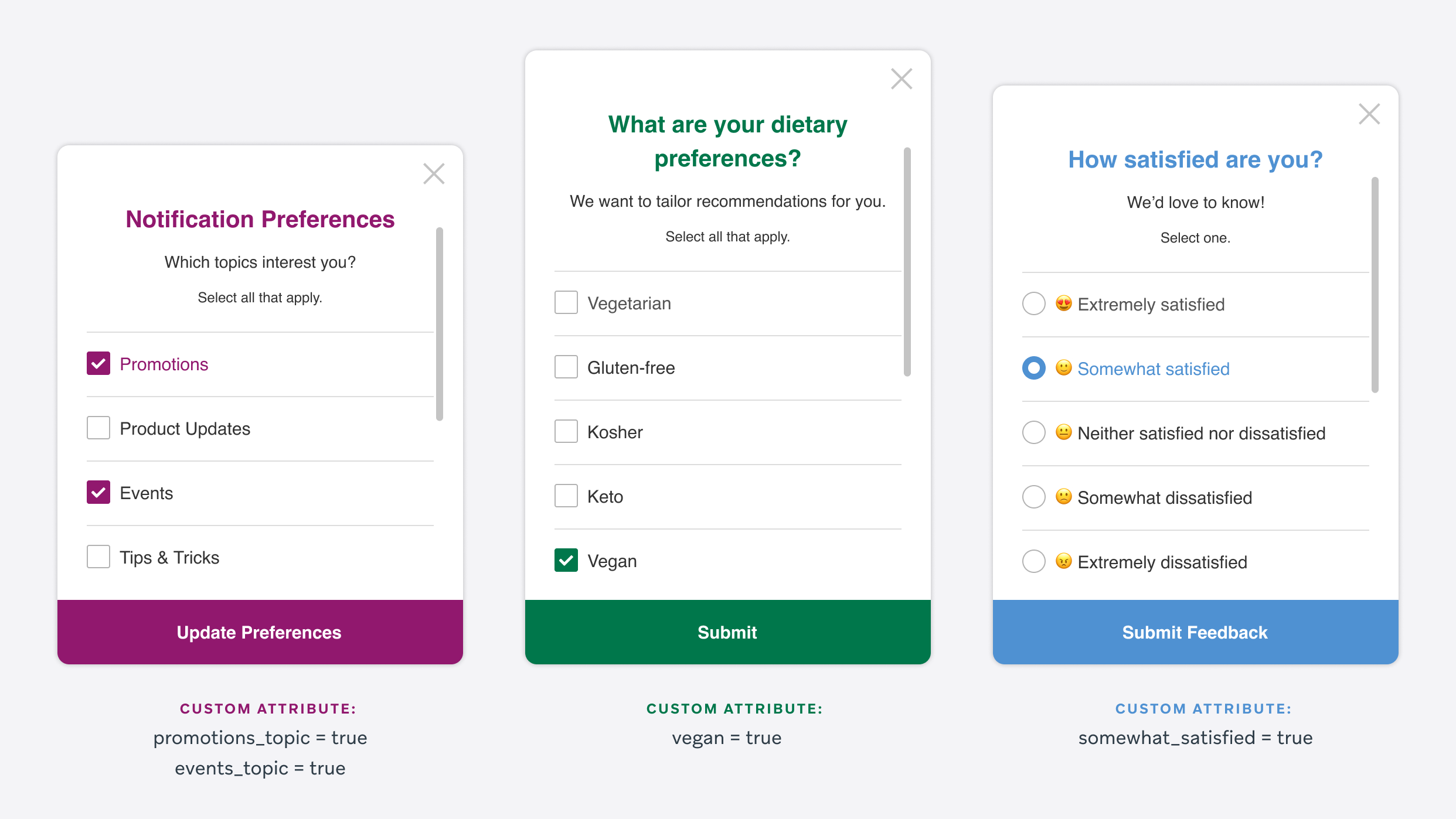 Three simple survey messages: notification preferences, dietary preferences, and a customer satisfaction survey. The selected options in the surveys correspond to custom attributes that will be logged for that user.