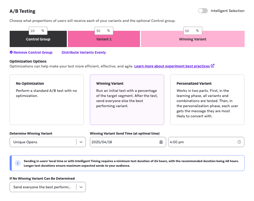 A/B testing sections showing A/B test with Winning Variant selected, with winning criteria, send date, and local send time selected
