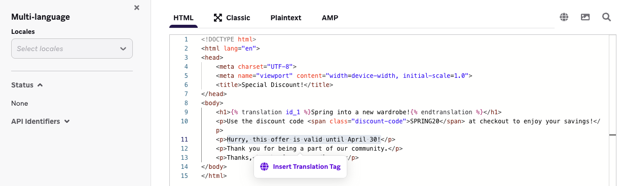 HTML editor with one selected locale.