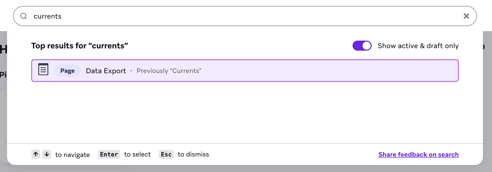 Search results for "Data Export" where the user has searched for "Currents."