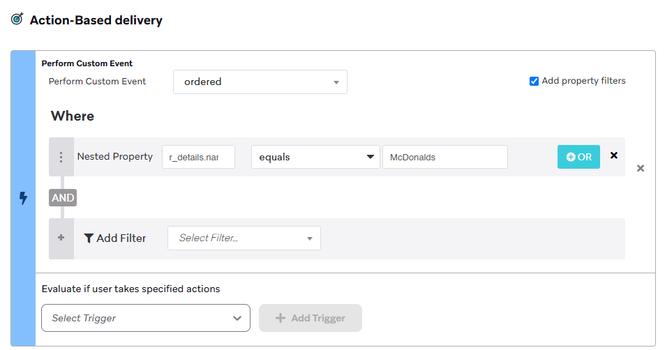 A user adding the property filter r_details.name is McDonalds for a custom event.
