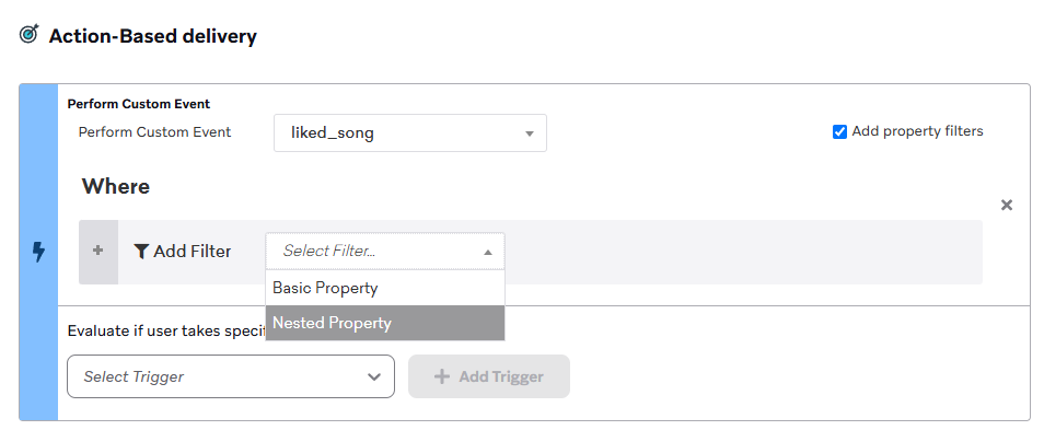 A user choosing a nested property for property filters on a custom event.