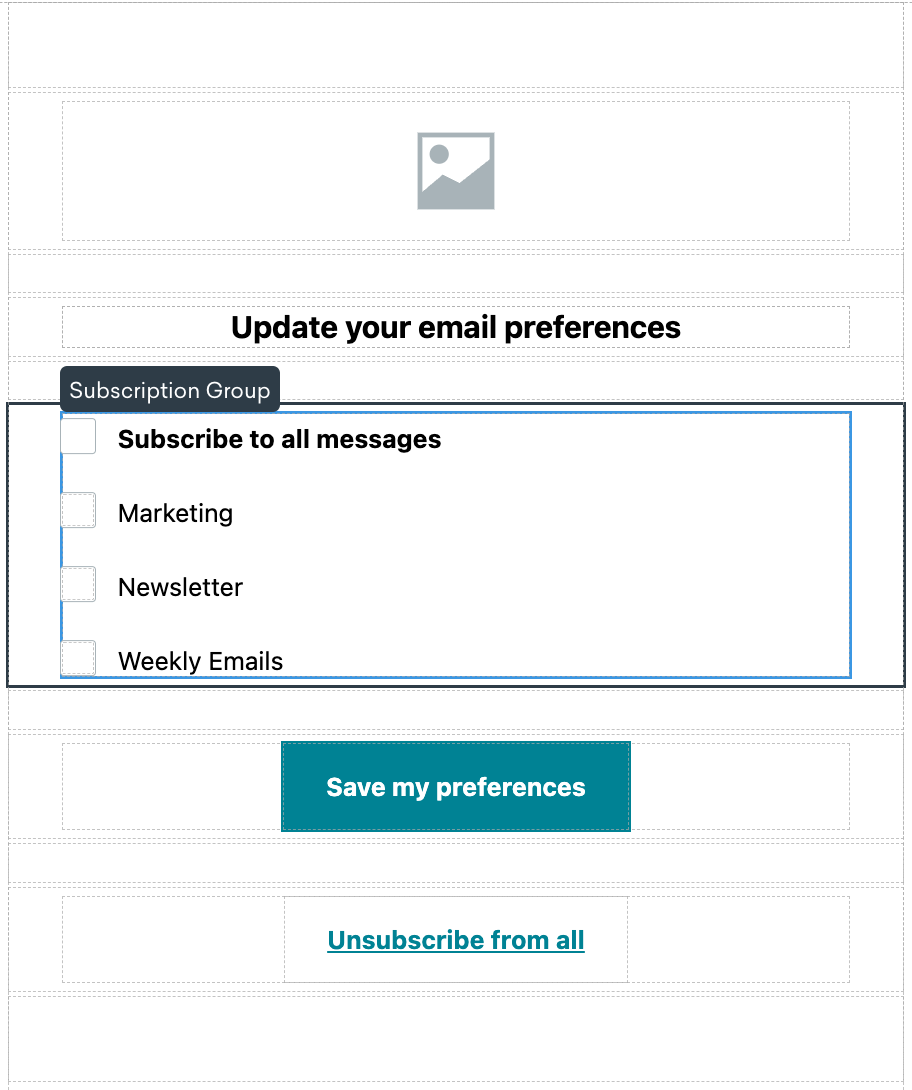 An example of a preference center with the options to subscribe to all messages, marketing, newsletter, and weekly emails, or to unsubscribe from all.
