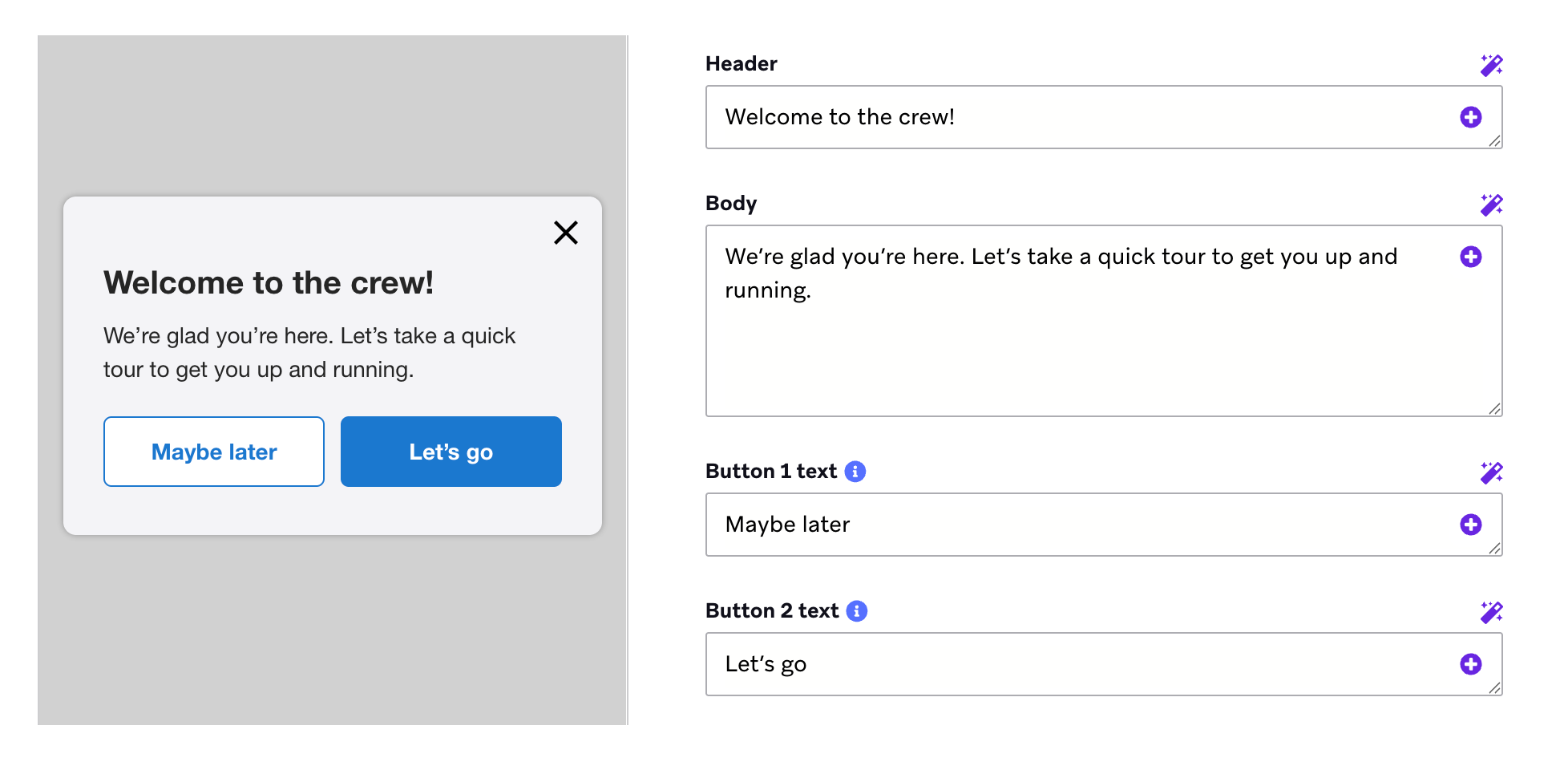 Primary and secondary buttons in an in-app message
