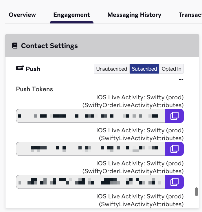 Contact settings with a push subscribed status.