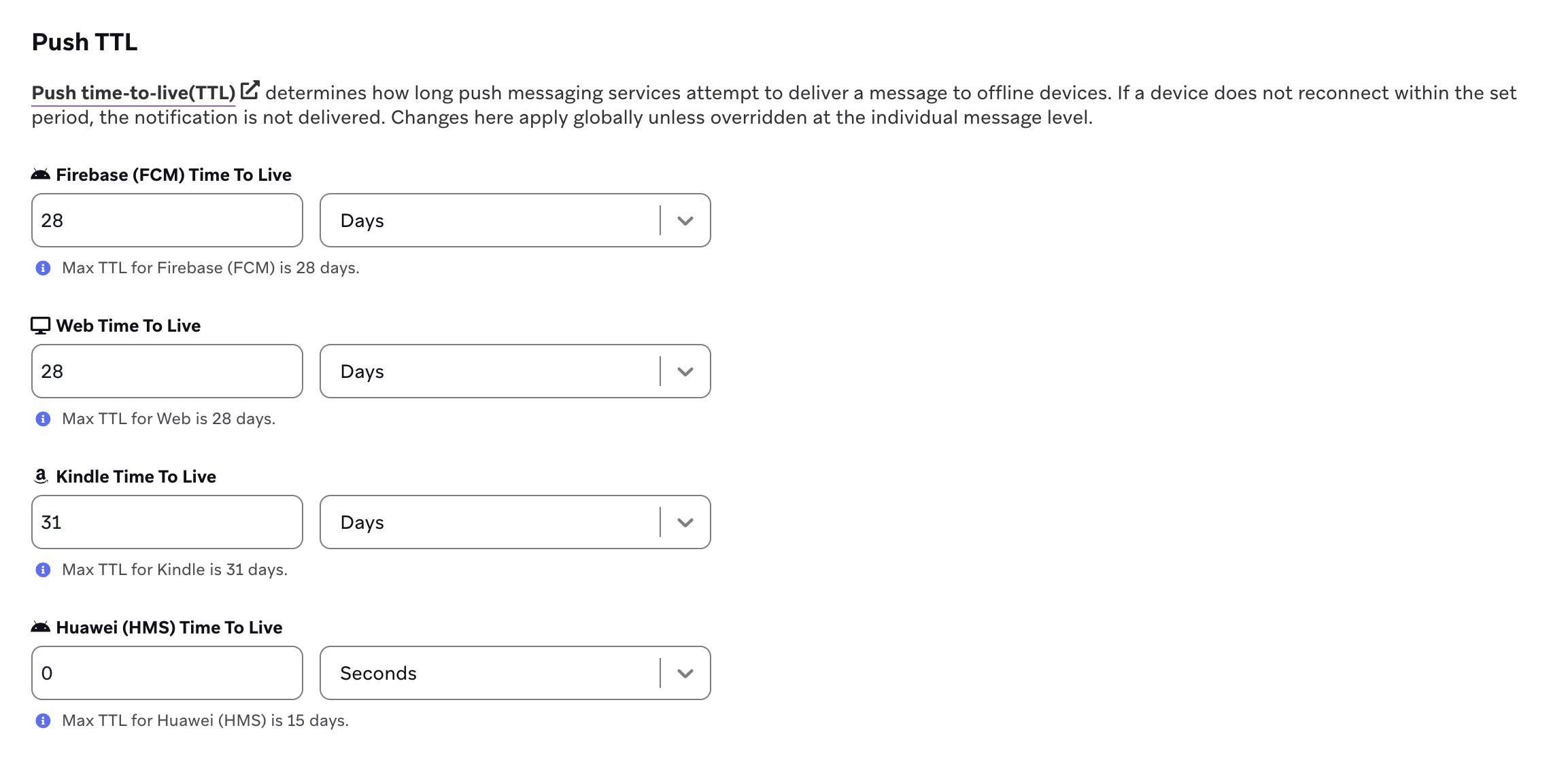 Push TTL settings for Firebase, Web, Kindle, and Huawei devices.