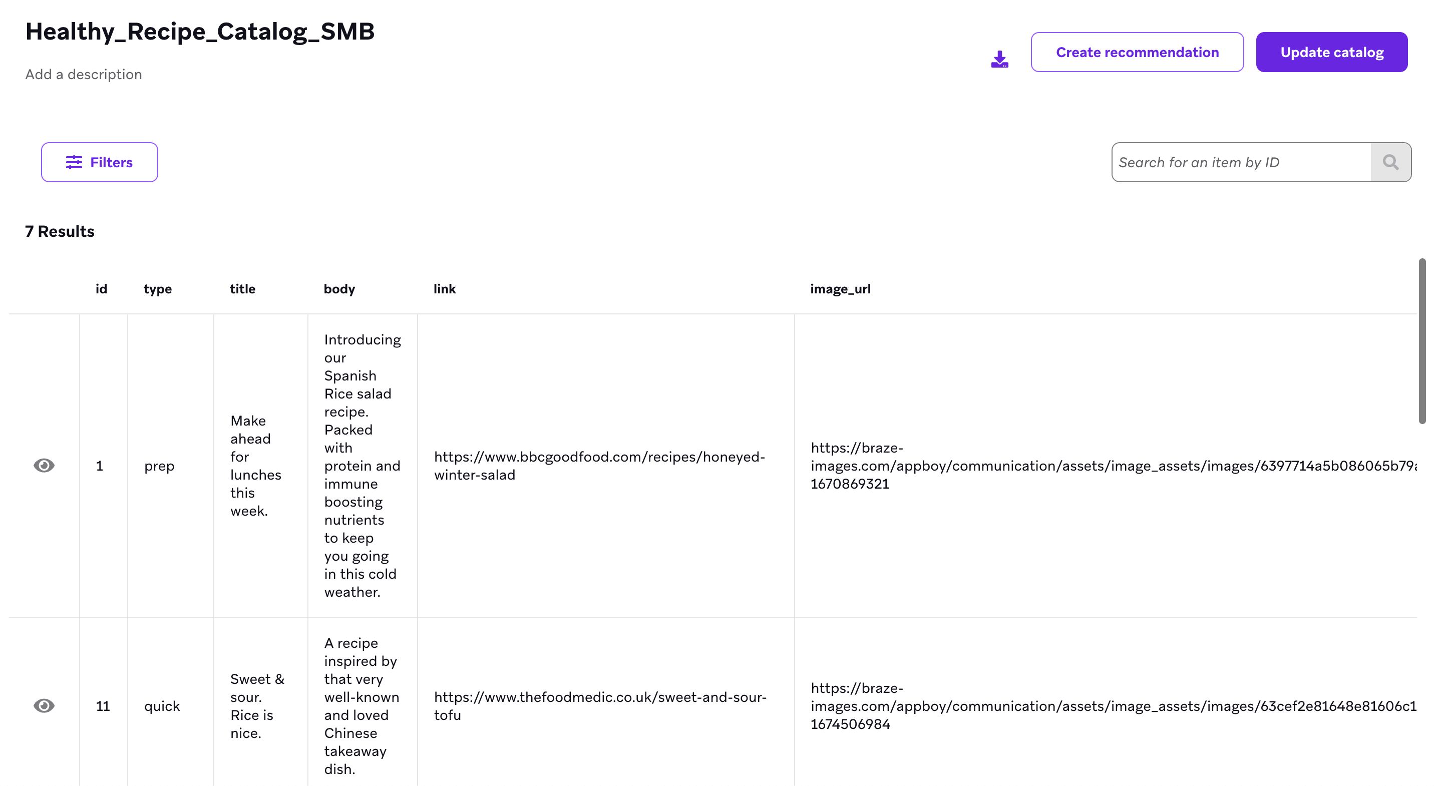 Example catalog in Braze.