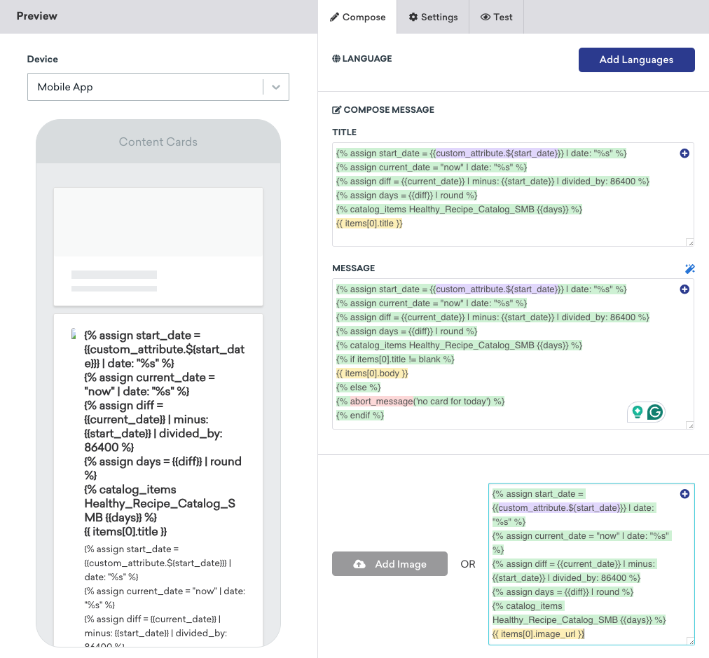 An example message composer from a Content Card campaign.