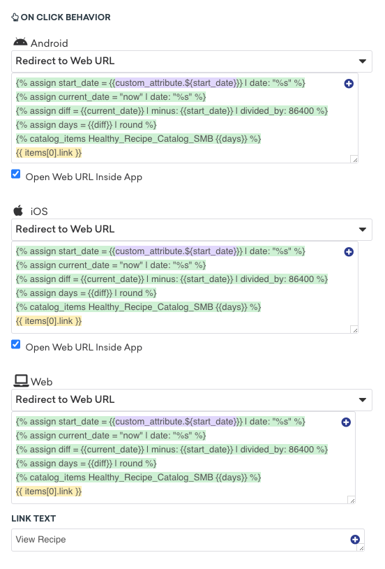 An example on-click behavior block in the composer.