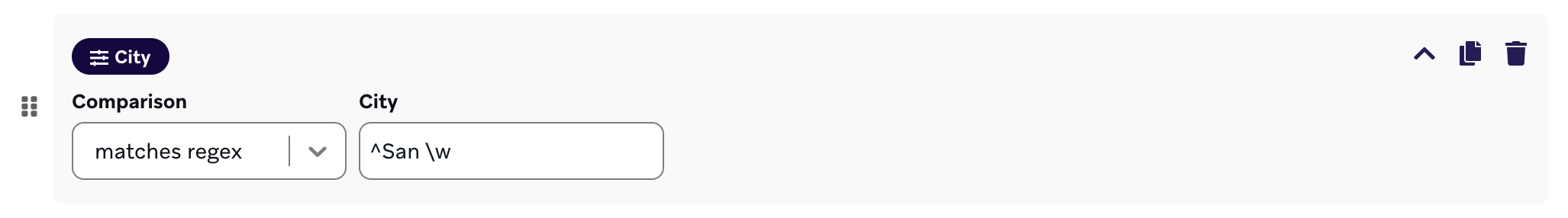 Filter for a city that matches regex of "^San \w".