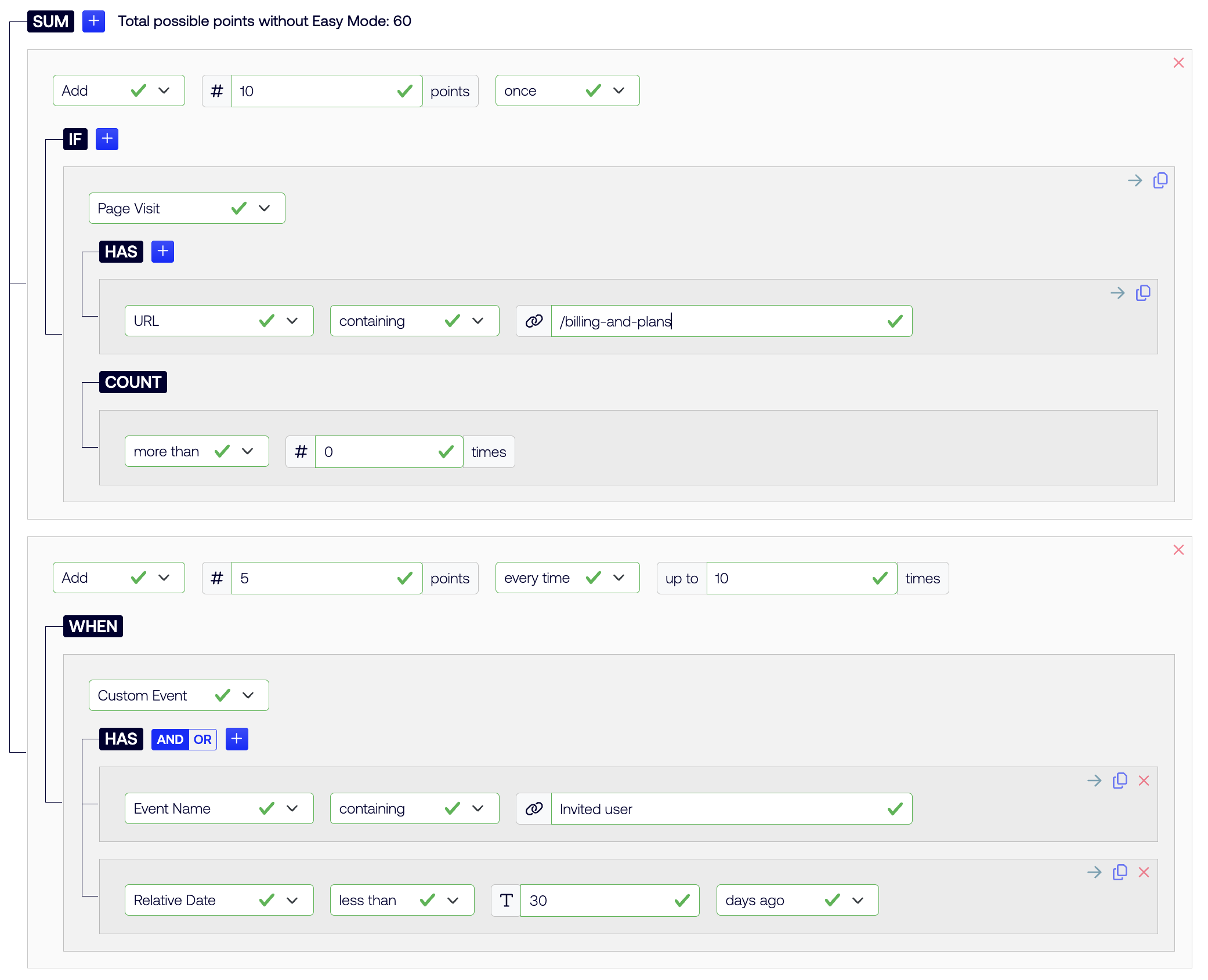 Example of a simple, click-not-code lead scoring model in SalesWings