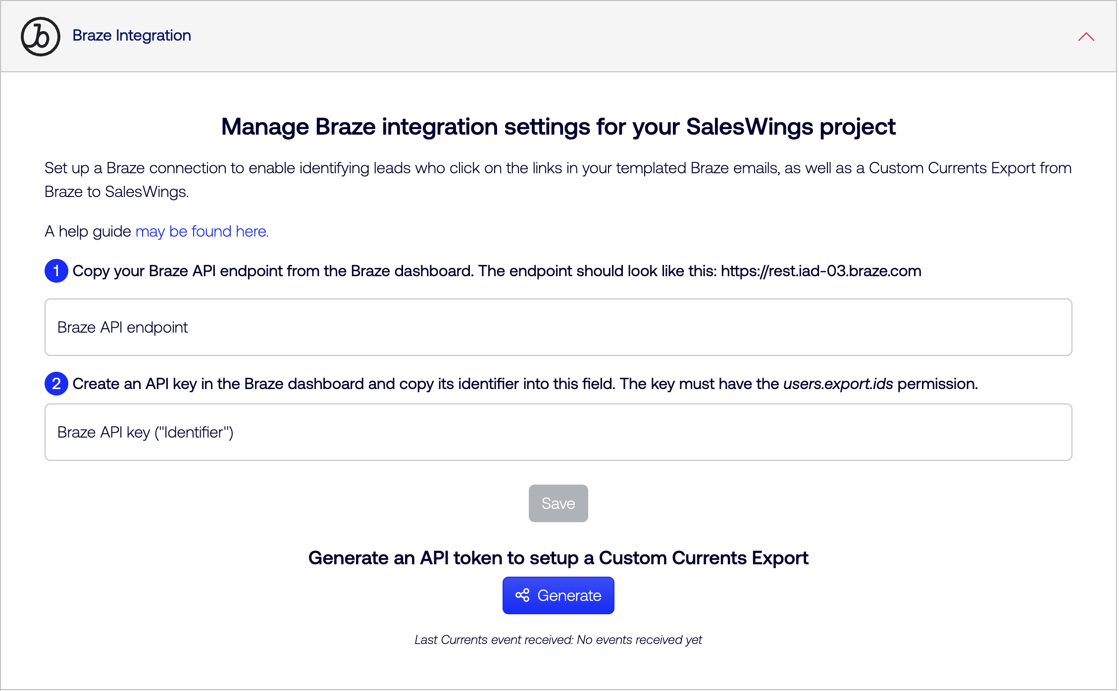 The Braze Integration section of the SalesWings Settings page.