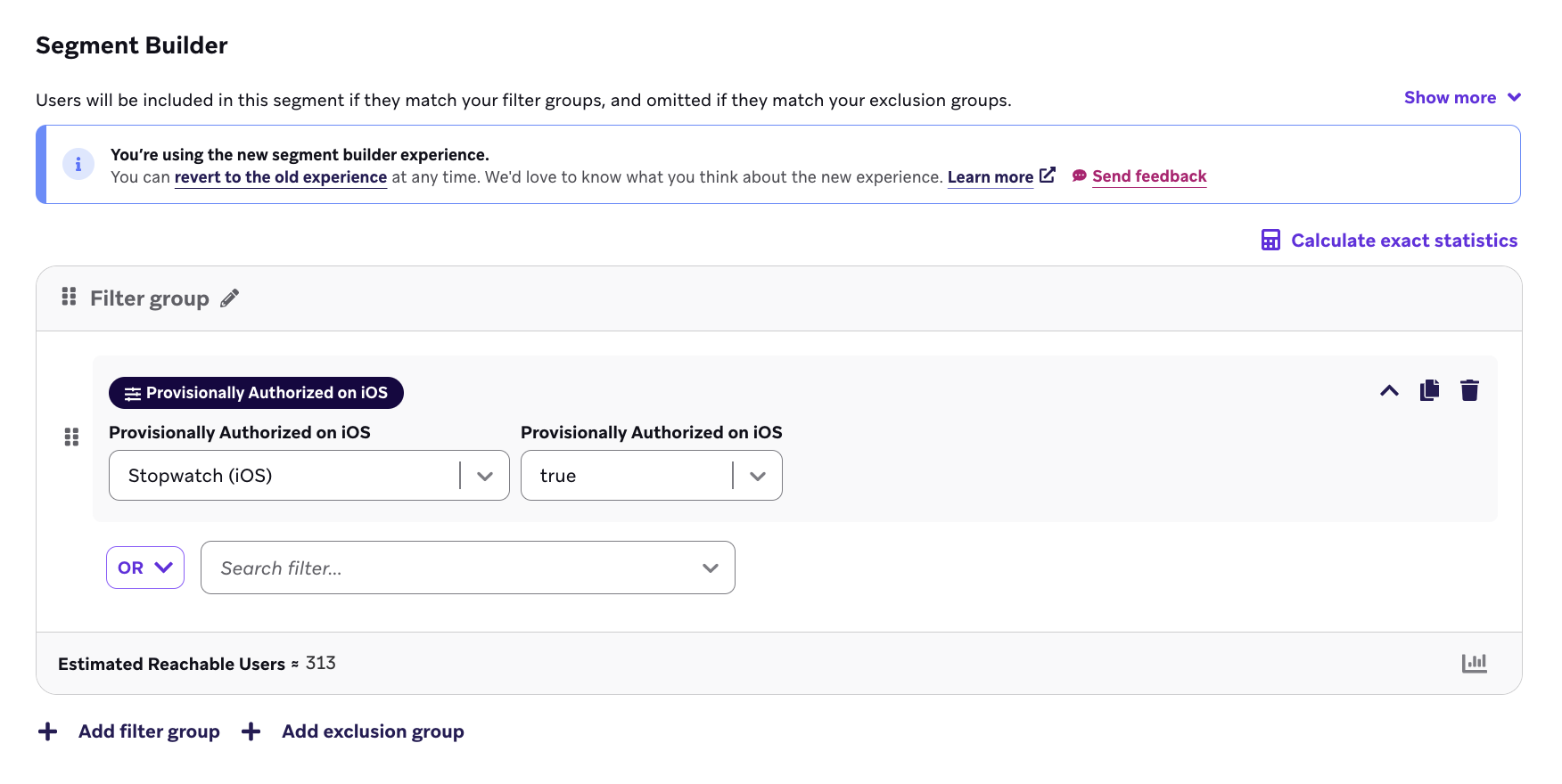 Segment Details panel with the sample segment filter "Provisionally Authorized on iOS Stopwatch (iOS) is true" to target users.
