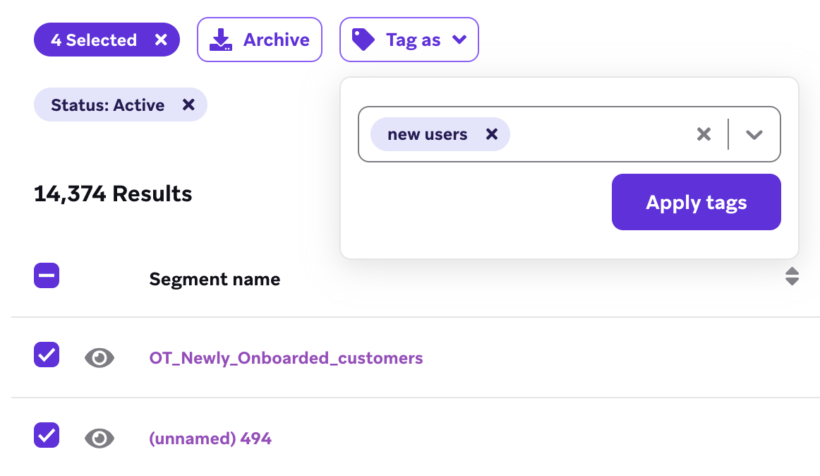 Multiple segments selected with "CRM" selected in the "Tag As" dropdown field.