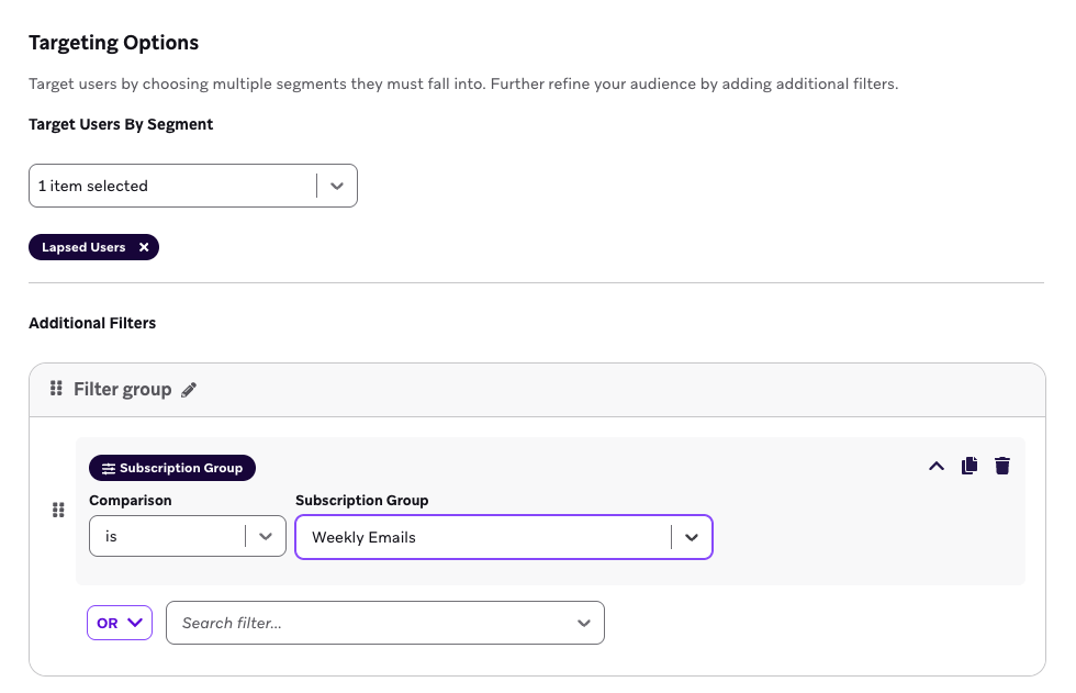 Example of targeting users in the "Lapsed Users" segment with the filter for users in the "Weekly Emails" subscription group.