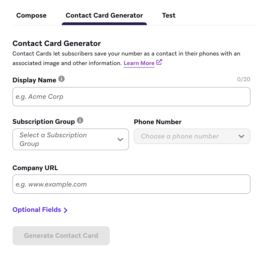 The Contact Card generator tab.
