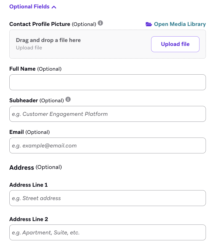 Optional fields for the contact card generator.