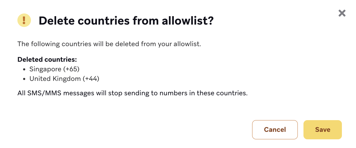 Warning modal confirming the countries that will be deleted from the allowlist.