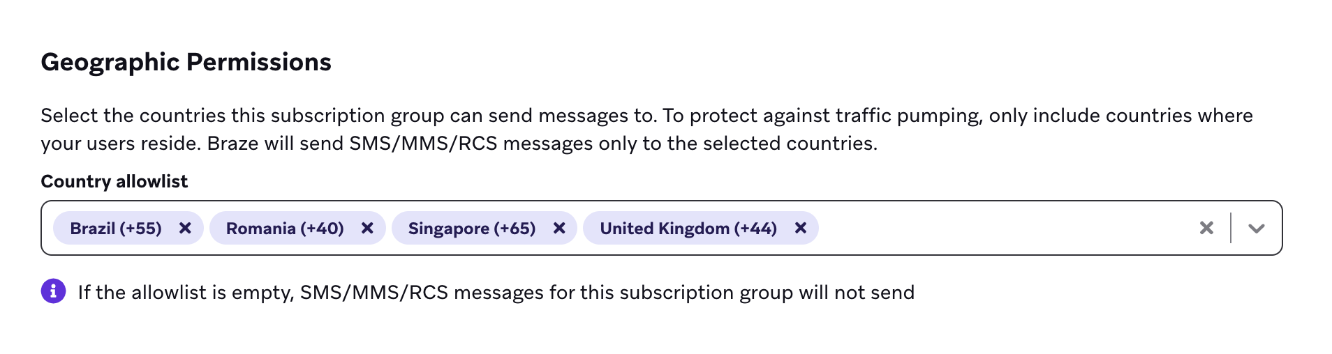 The editable SMS Geographic Permissions section for an admin with several countries selected in the "Country allowlist".