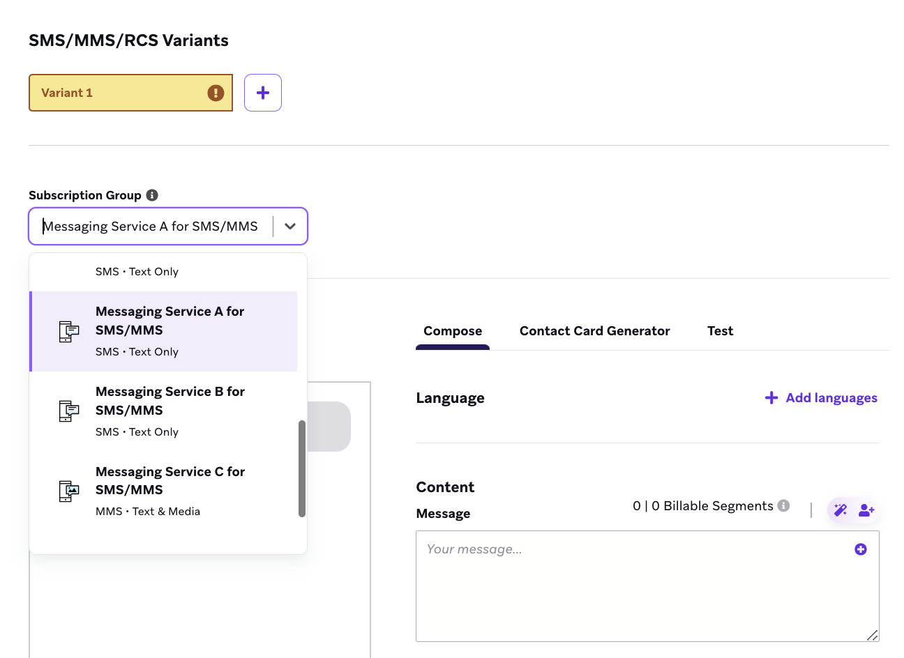 SMS composer with the subscription group dropdown open and "Messaging Service A for SMS" highlighted by the user.