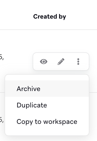 Expanded settings dropdown menu that shows three options: "Archive", "Duplicate", and "Copy to workspace" with the "Archive" option highlighted.