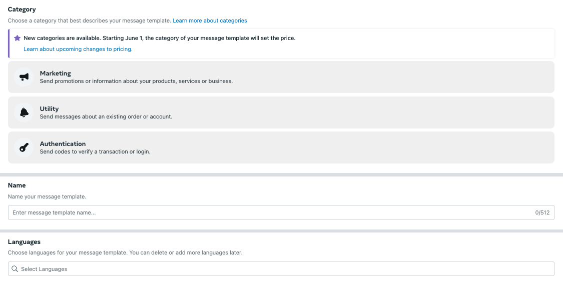 Message template composer with categories for marketing, utility, and authentication.