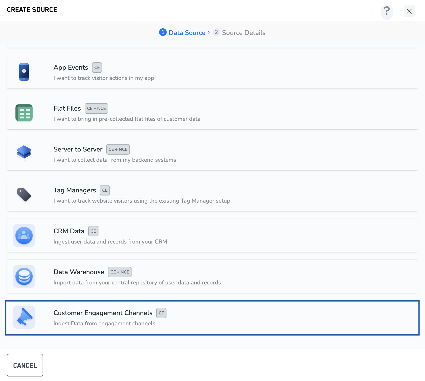 A "Create Source" window listing different categories, including "Customer Engagement Channels".