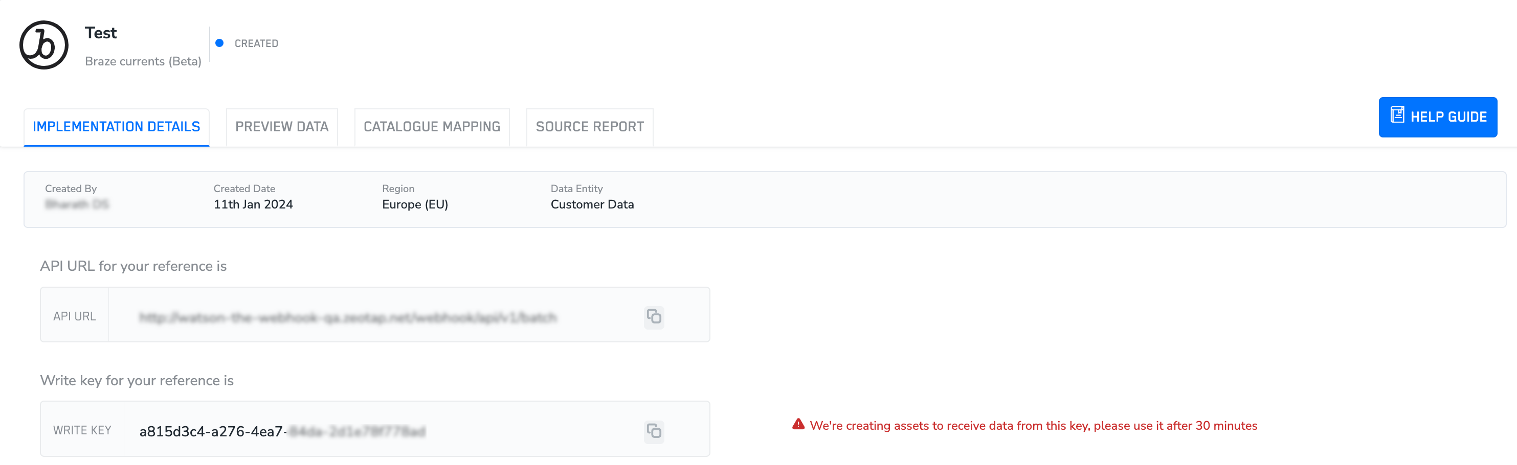 Implementation details for Braze Currents that contains the API URL and Write Key.