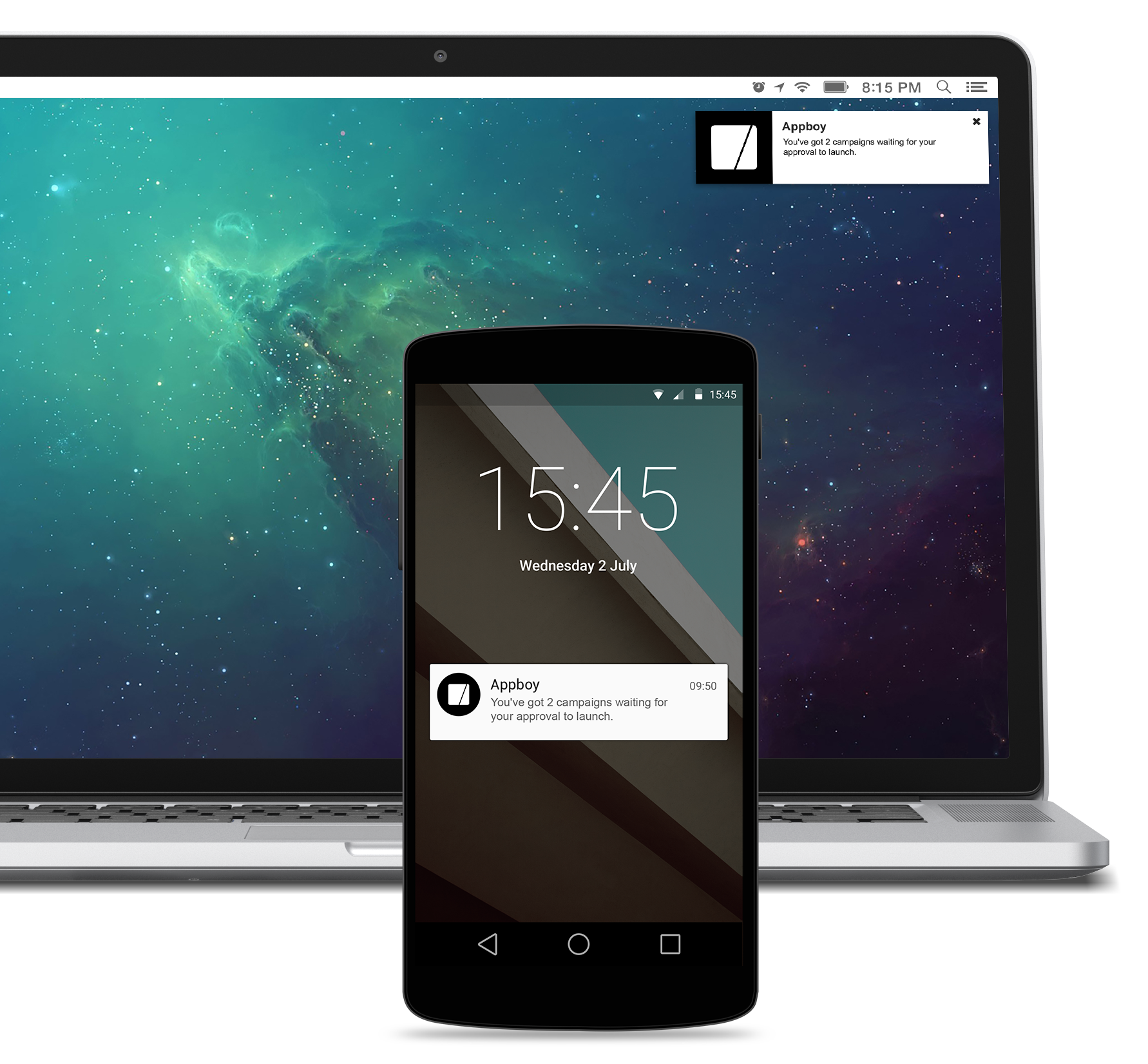Web push example with the same push message displayed on a laptop and phone.