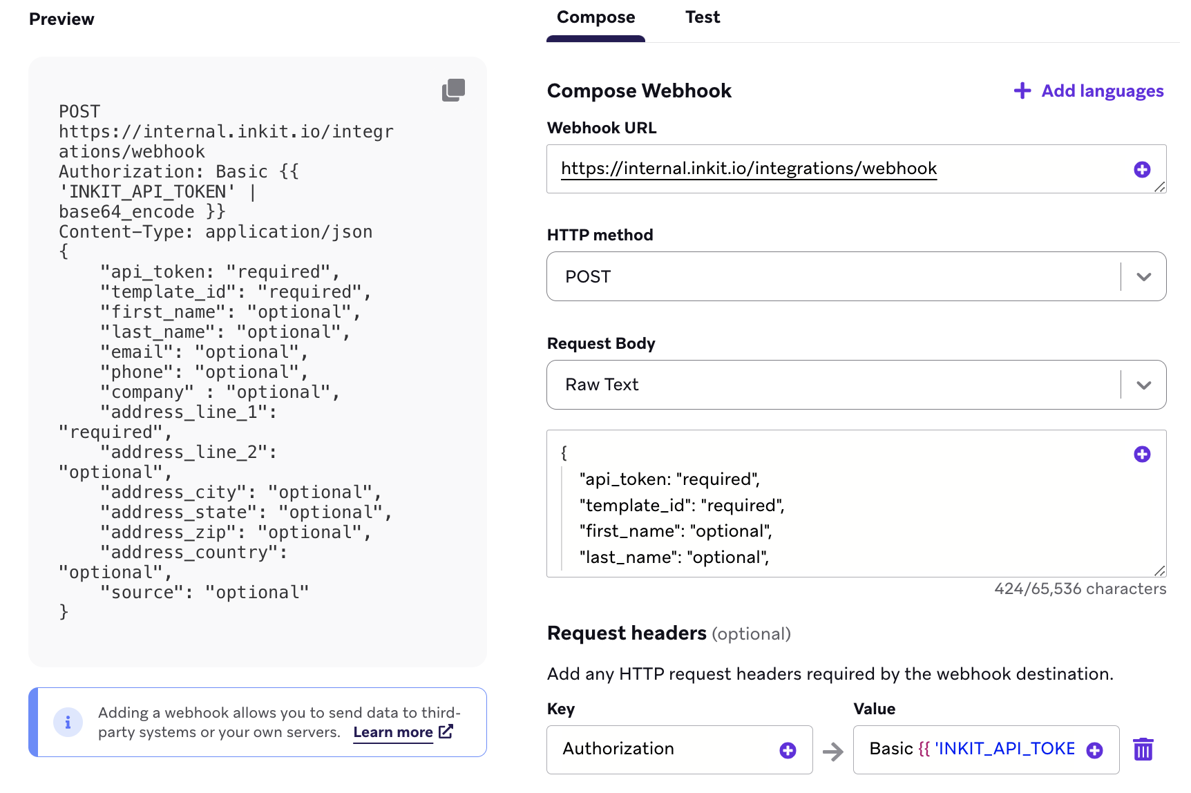The "Compose" tab when creating a webhook template. Available fields are webhook URL, HTTP method, request body, and request headers. You can also add languages.