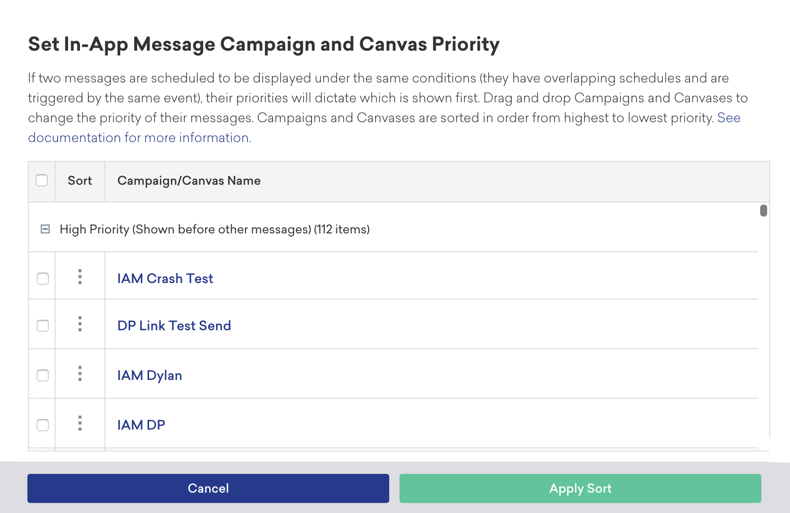 An example of how priority is set for an in-app message campaign and Canvas.