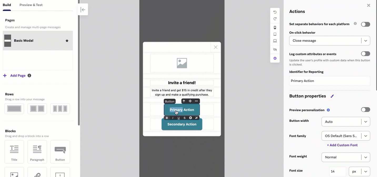 A GIF showing a promotional in-app message being created.