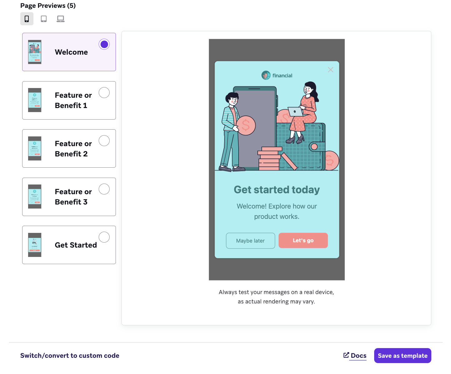 A preview of an in-app message for a product tour.